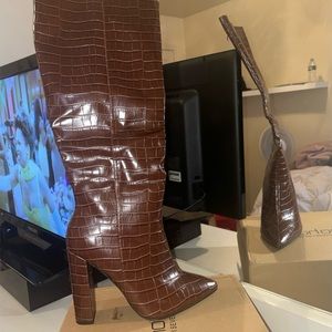 WIDE FIT brown knee high crocodile boots